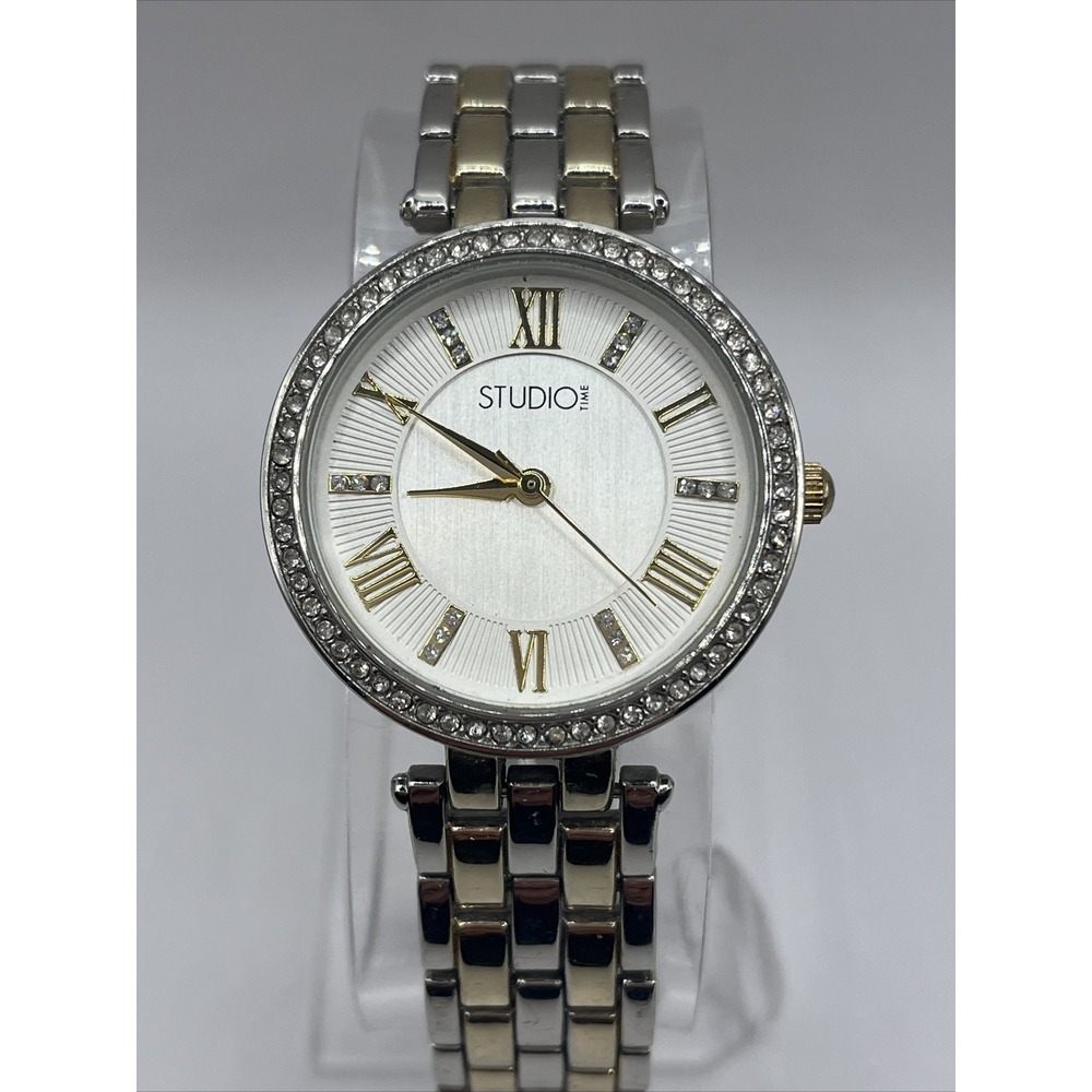 Studio Time Women's‎ Watch Rhinestone Bezel Two Tone Band- New Battery